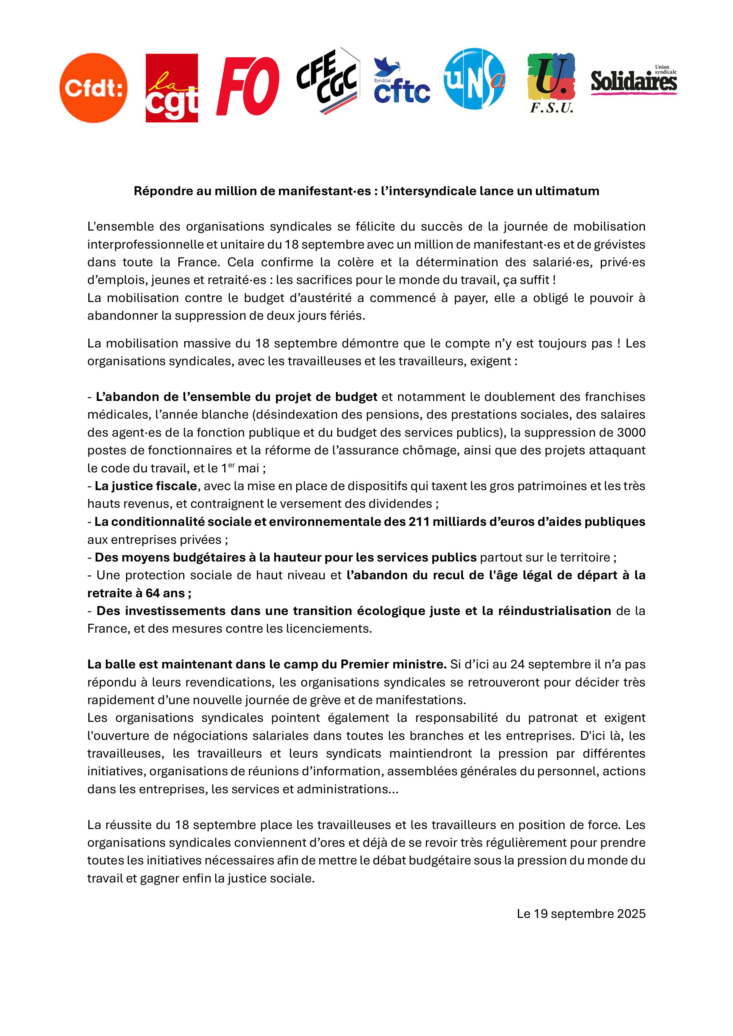 20250919 Communique? intersyndical 19 septembre 2025